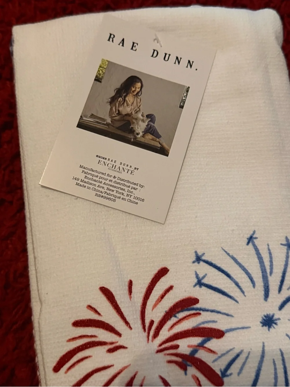 Rae Dunn Kitchen Towels - set of 3- CELEBRATE w/ Red & Blue Firework Print NWT